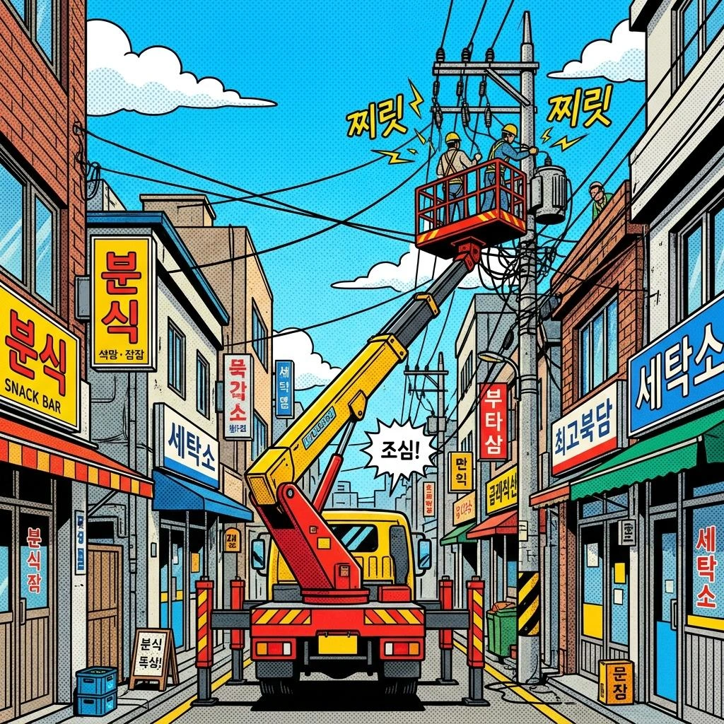 상록구 본오2동 작업장에서 안전 기구를 구비하여 고소작업을 수행하는 스카이차